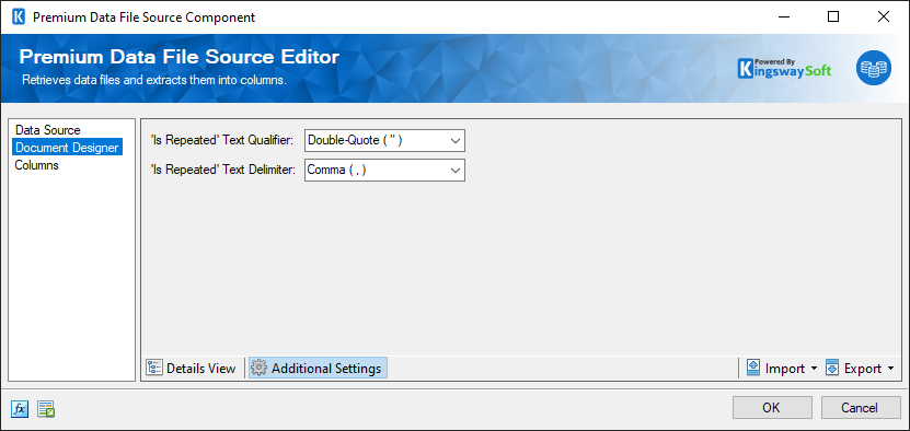 Premium Data File Source -  Document Designer - Additional Settings